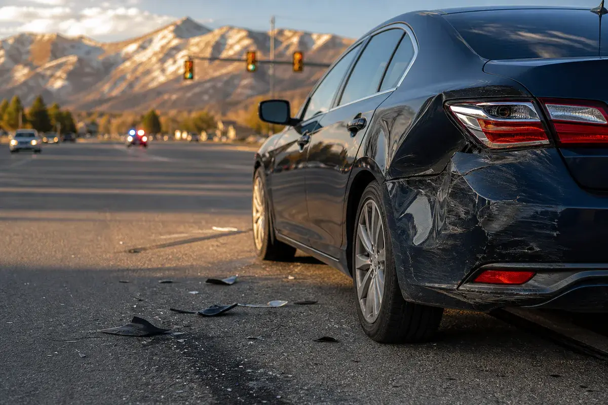 Car with collision damage at a Utah intersection near the Wasatch Mountains