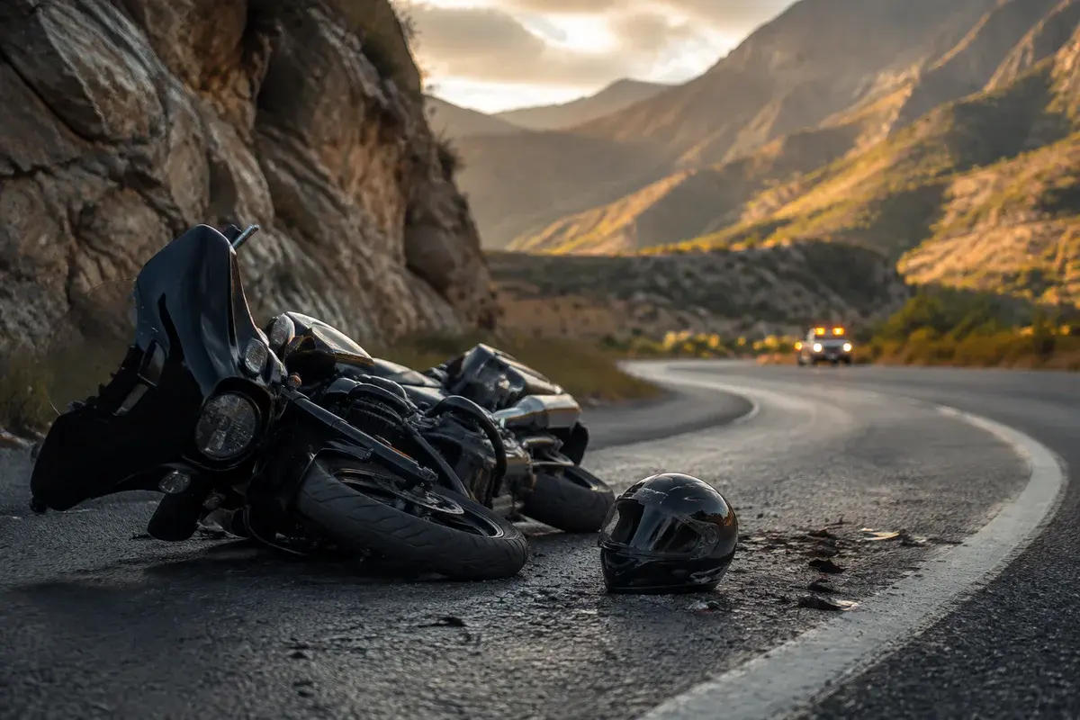 Motorcycle and helmet on a Utah canyon road after a crash