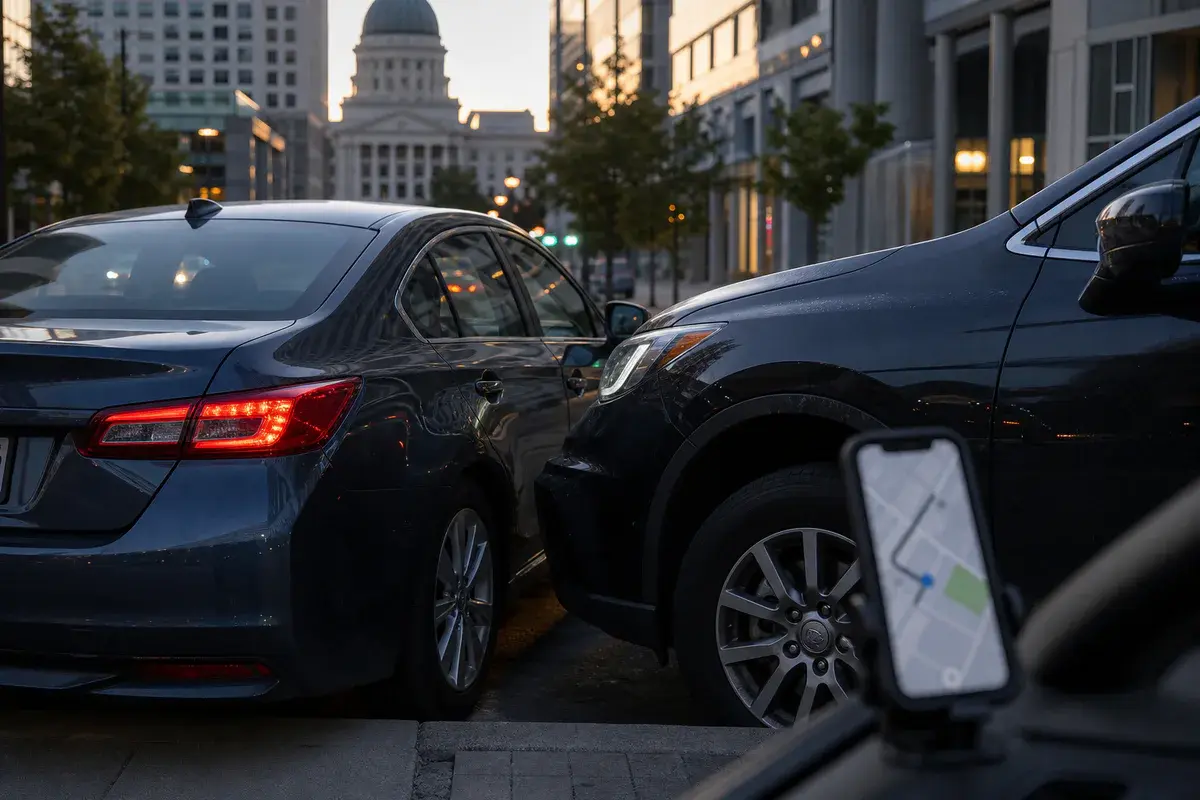 Two vehicles and a navigation screen after a downtown rideshare collision