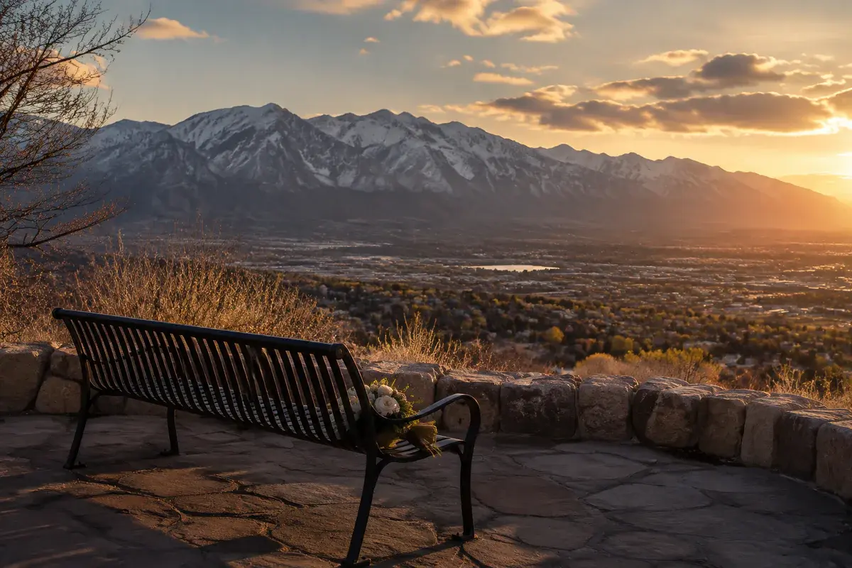 Memorial flowers on an empty bench overlooking the Wasatch Mountains